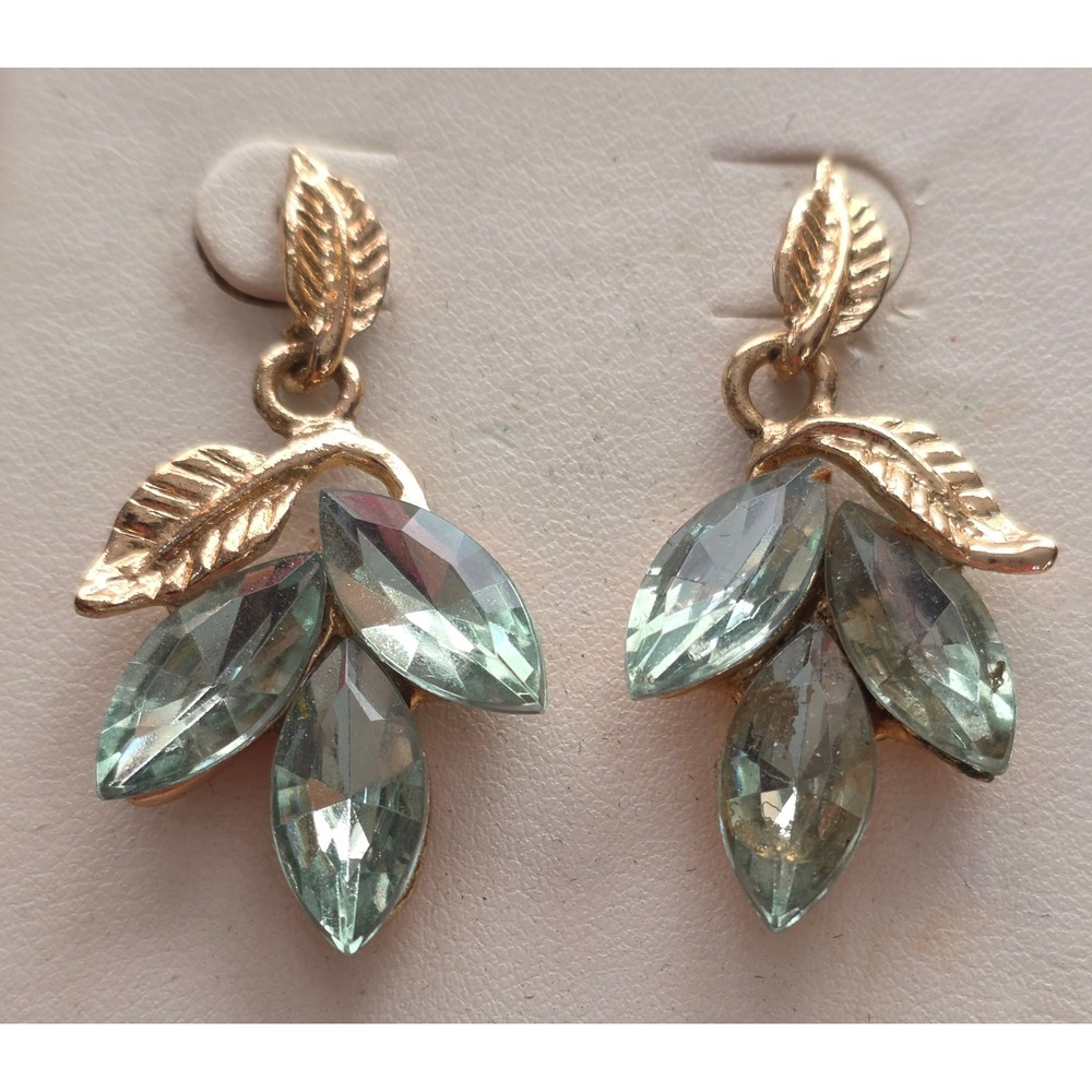 Gold Tone Sage Green Marquise Crystal Leaf Drop Earrings Nature Inspired Dangle